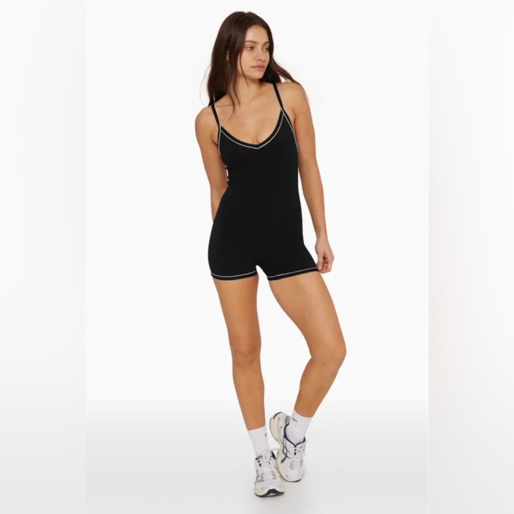SET Active Black Ribbed Romper with White Trim